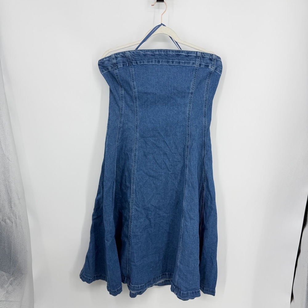 GAP Soft, stretch denim midi‎ fit & flare dress strapless sz L medium wash